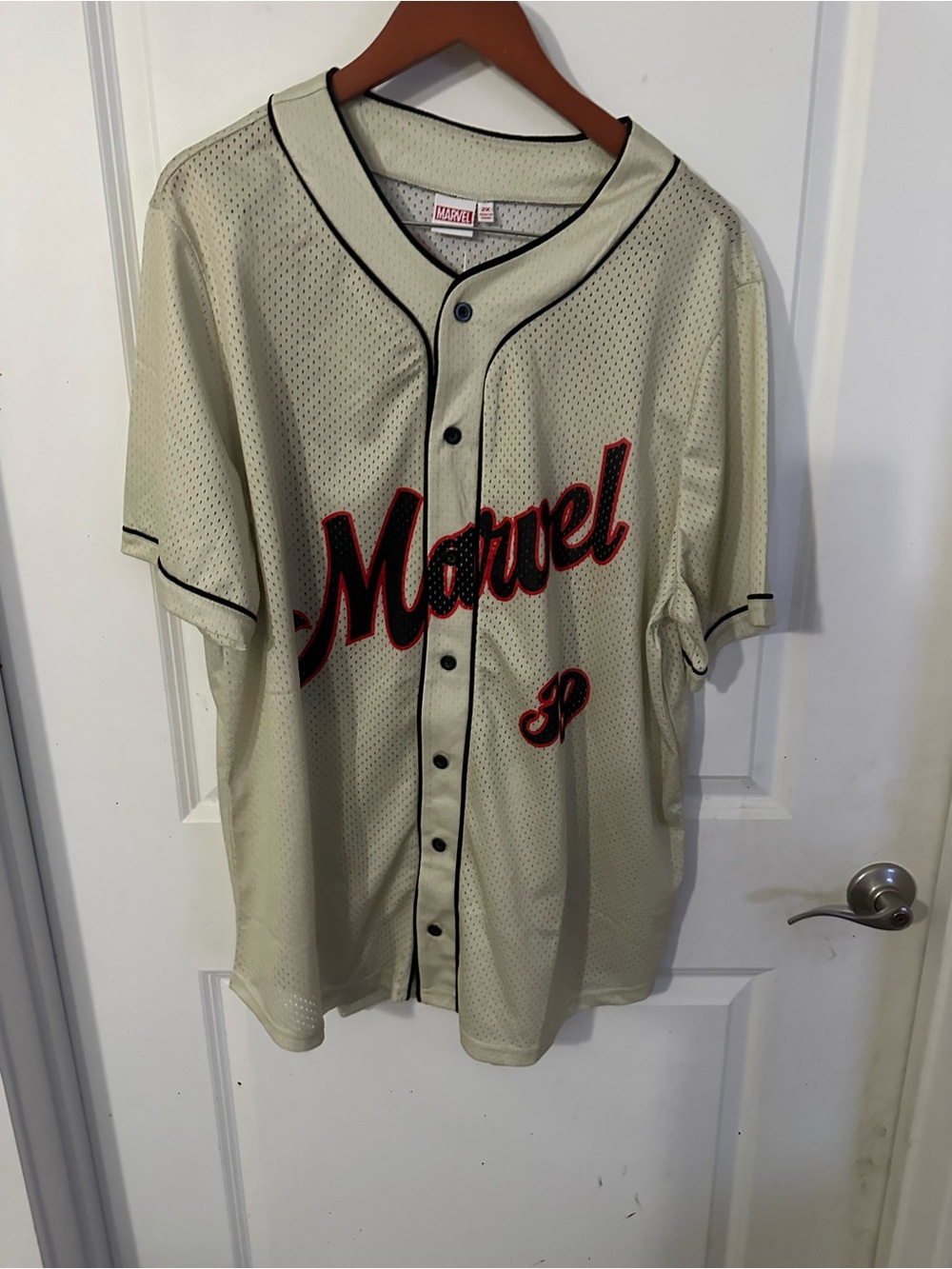 Marvel Beige Baseball Jersey with Black and Red Script